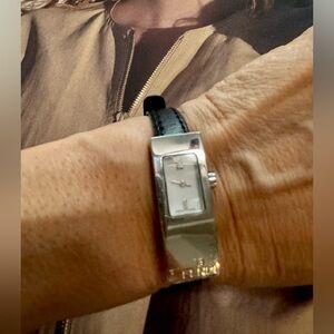 Authentic Fendi Silver Rectangular Watch with Black Leather Strap
